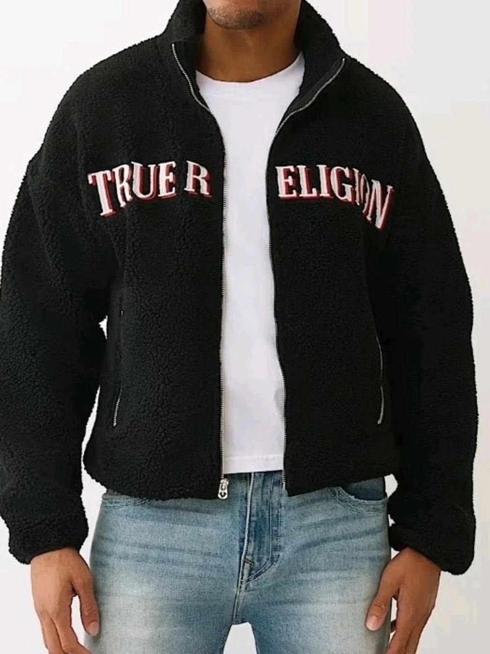 New True Religion Black Sherpa Zip-Up Jacket